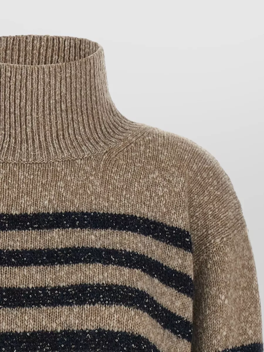 Brunello Cucinelli Wool Cashmere Striped High Neck Cropped Sweater