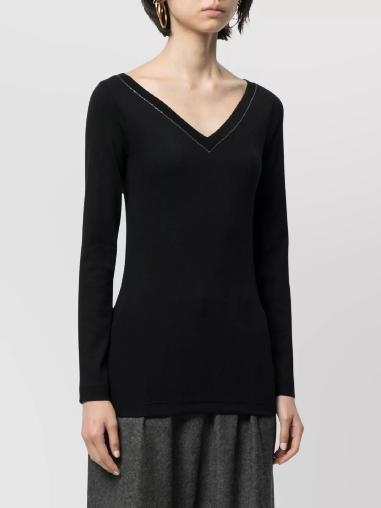 Brunello Cucinelli V-Neck Ribbed Knitwear Contrast Stitching