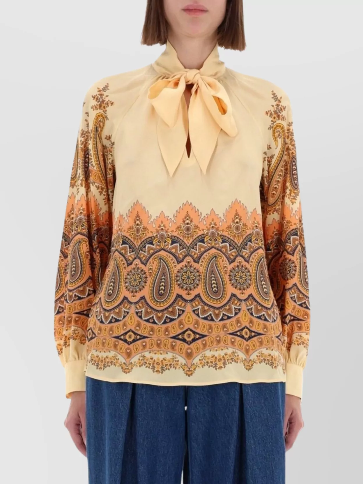 Etro Long Sleeve Paisley Bow Tie Top