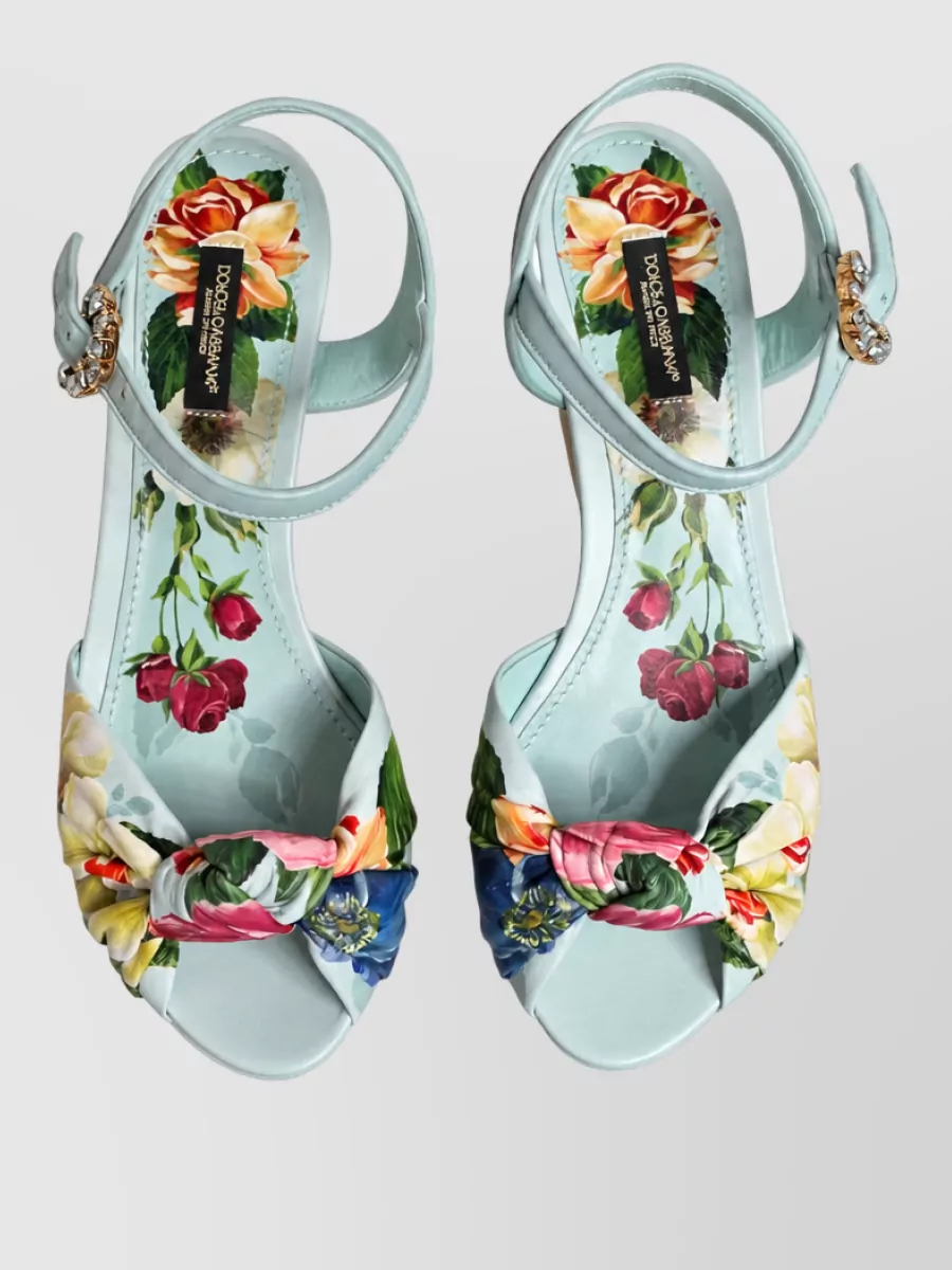 Dolce&Gabbana Leather Floral Ankle Strap Wedge Sandals