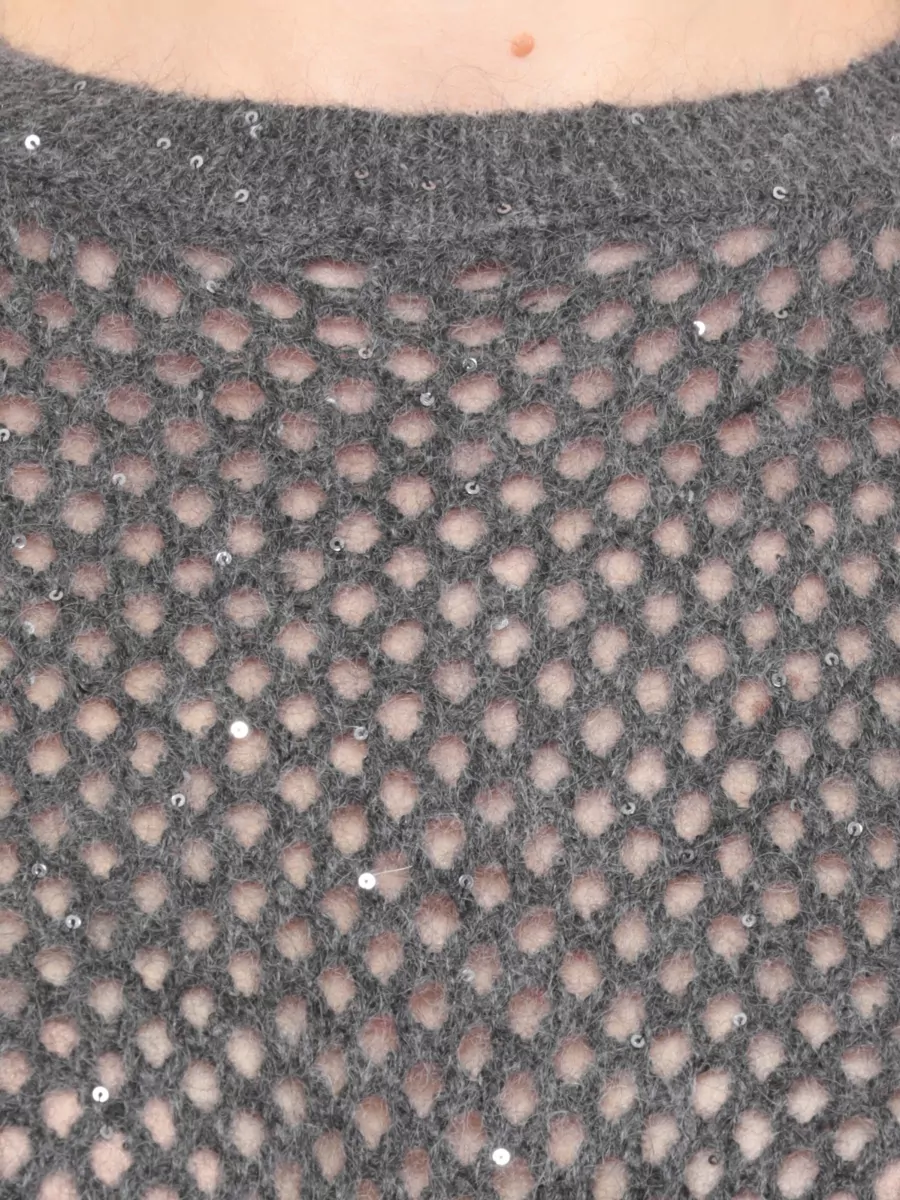 Brunello Cucinelli Sequin Mesh Knit Sweater Round Neck