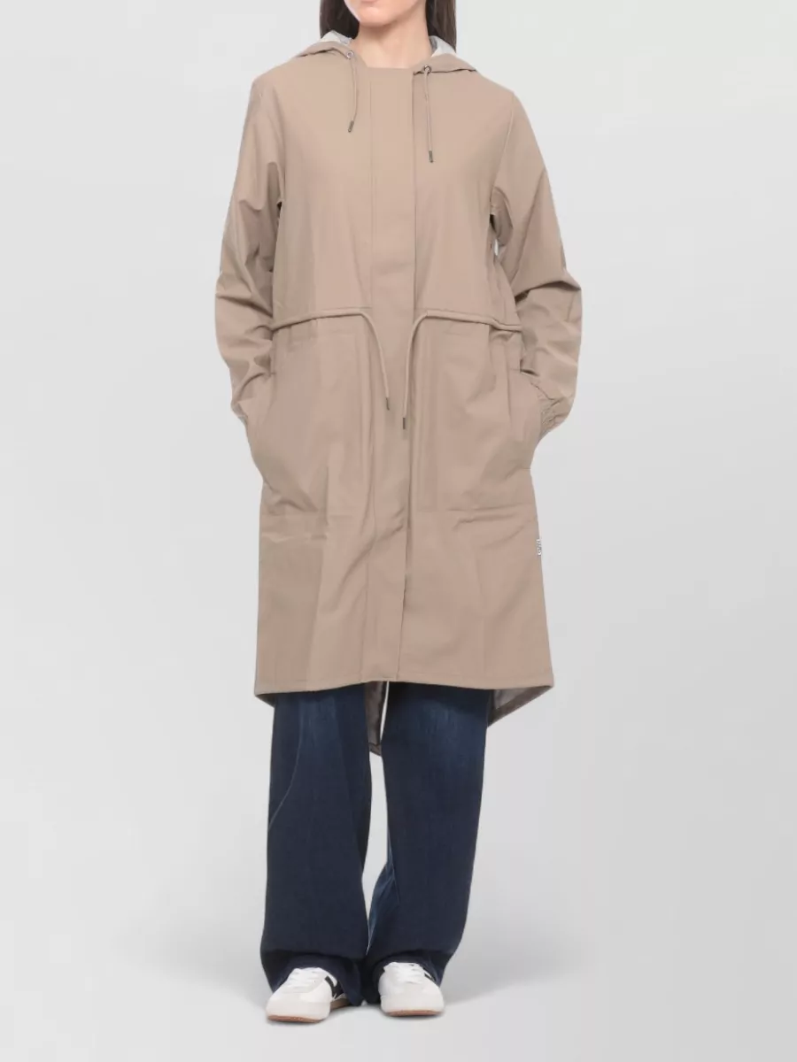 Rains Long Hooded Raincoat Crew Neck Drawstring Waist
