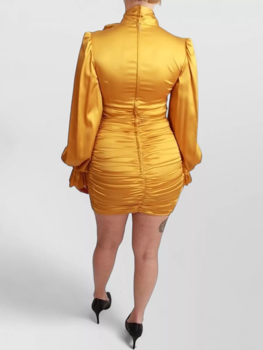 Dolce&Gabbana Silk Satin High-Neck Bow-Tie Long-Sleeve Mini Dress