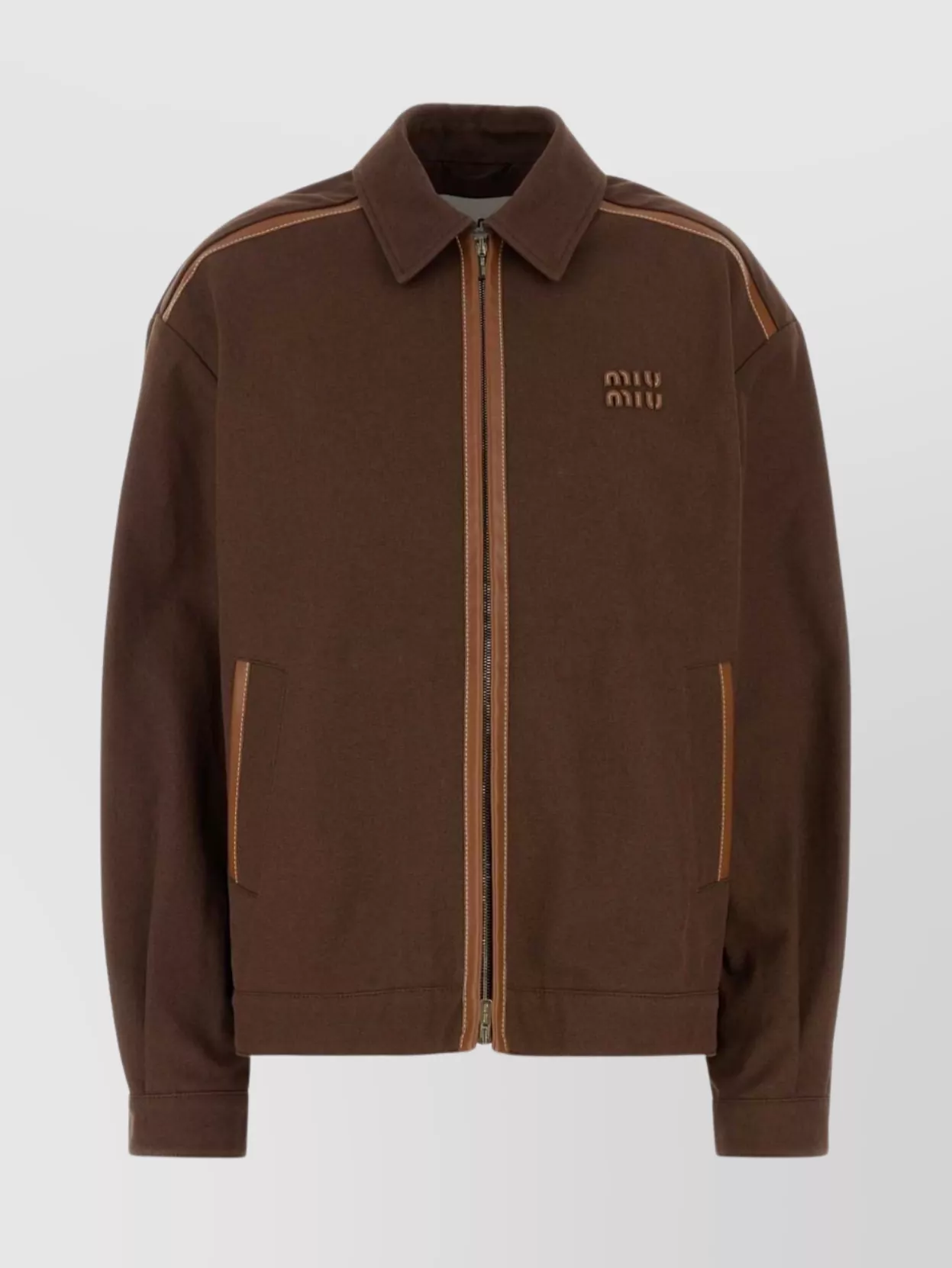 Miu Miu Cotton Jacket With Front Pockets And Contrast Piping In Brown