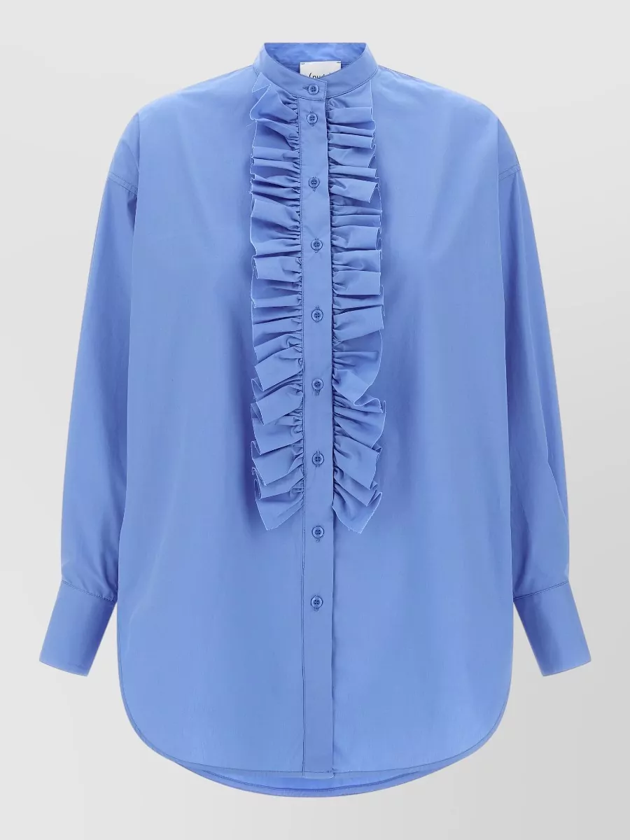 Nude Cotton Ruffled Mandarin Collar Long-Sleeve Shirt