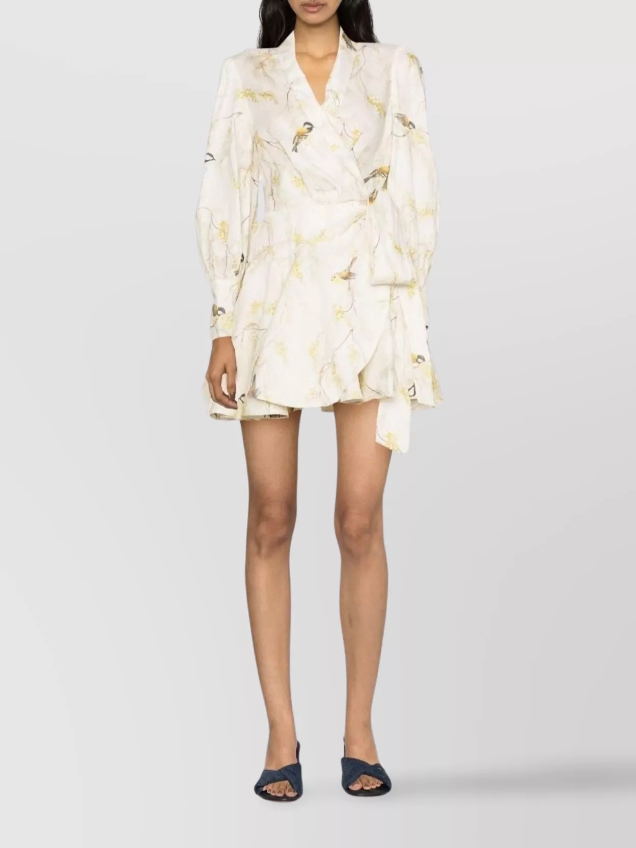 Zimmermann Linen Wrap Mini Dress With Floral Print