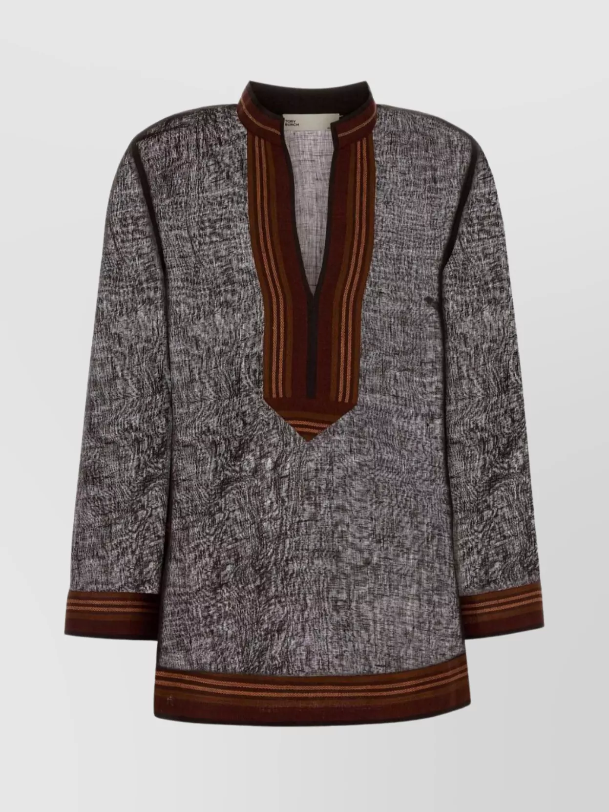 Tory Burch Textured Linen Blouse Contrast Trim In Gray