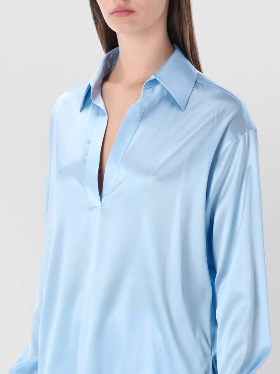 Tom Ford Silk Satin Polo Shirt Long Sleeves In Blue