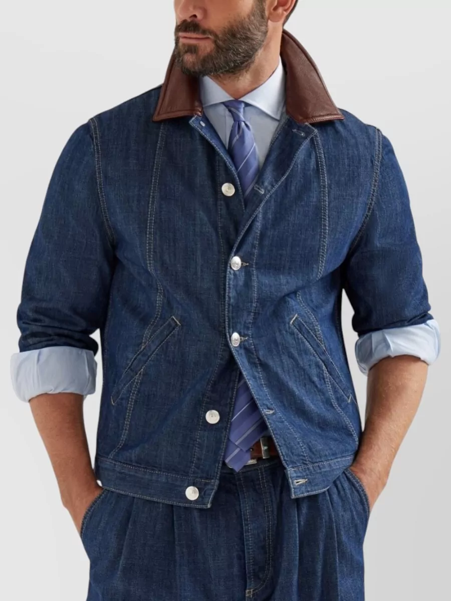 Brunello Cucinelli Cotton Jacket With Leather Collar And Pockets