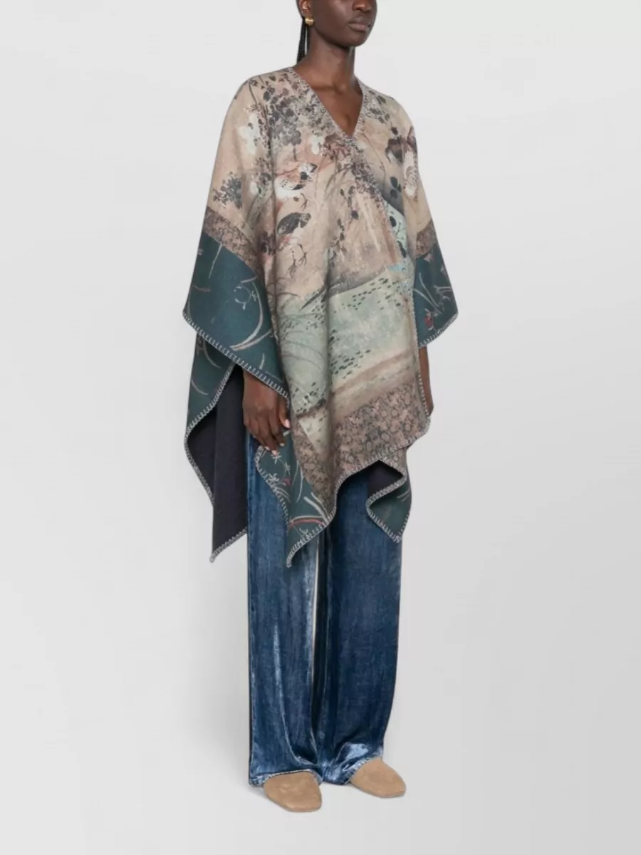 Pierre Louise Mascia Wool Graphic-Print Draped Poncho
