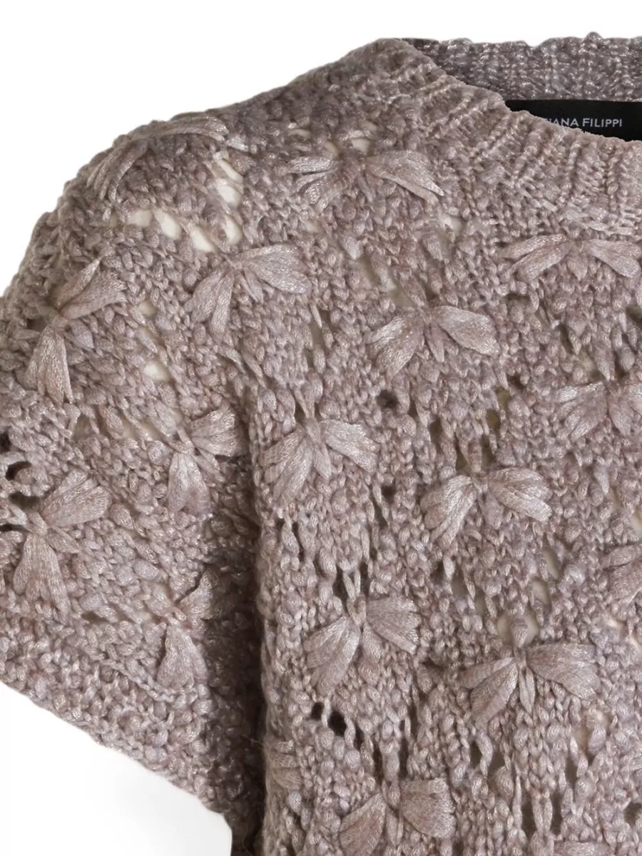 Fabiana Filippi Open-Knit Bow-Detail Wool-Blend Short-Sleeve Crew-Neck Top
