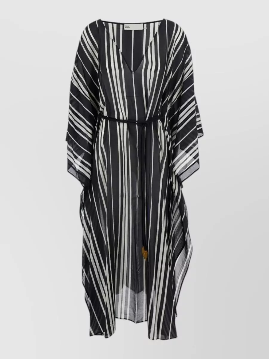 Tory Burch silk striped v-neck draped-sleeve kaftan midi dress