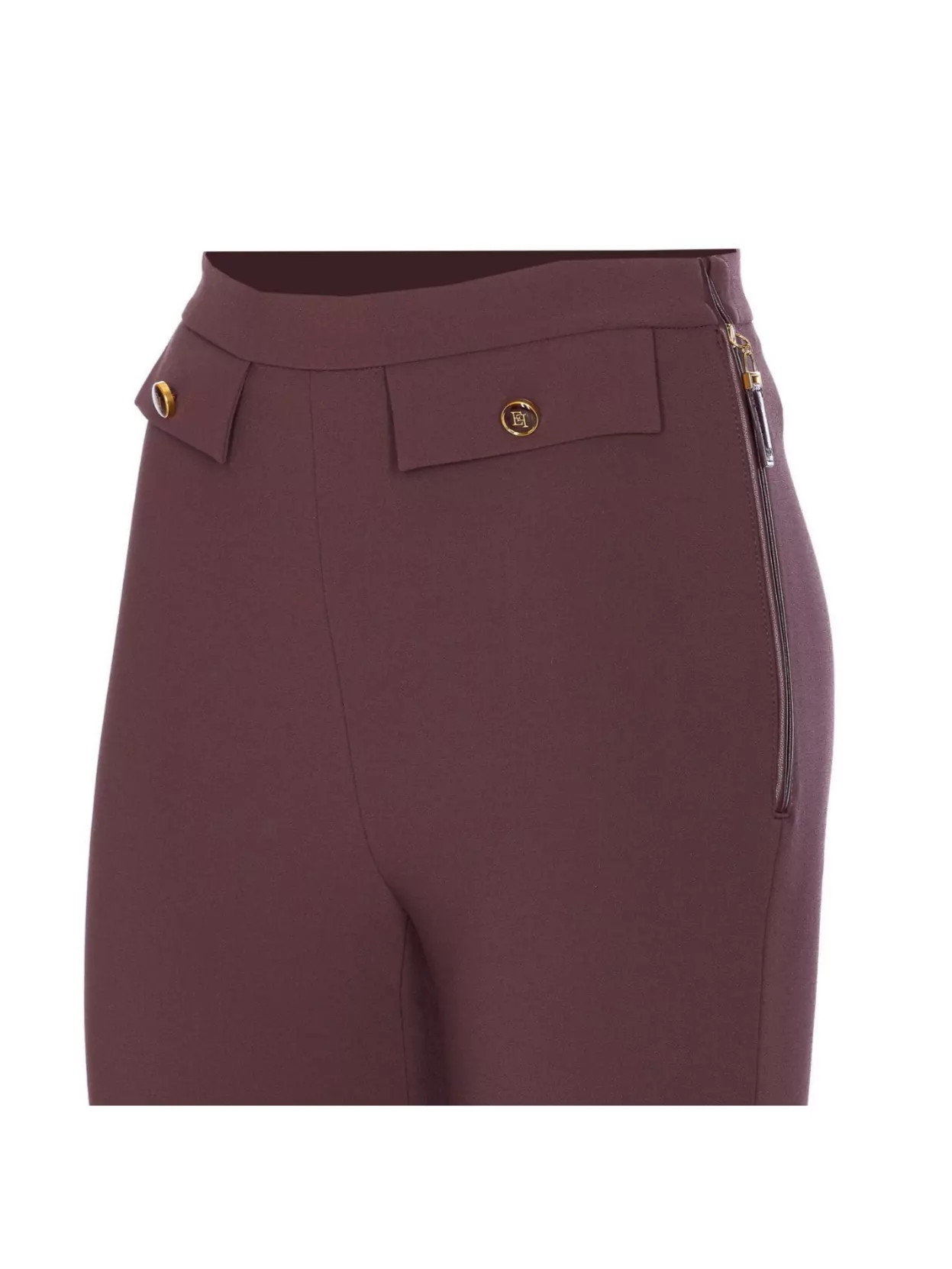 Elisabetta Franchi High Waist Tight Fit Trousers With Gold Button Detail In Burgundy