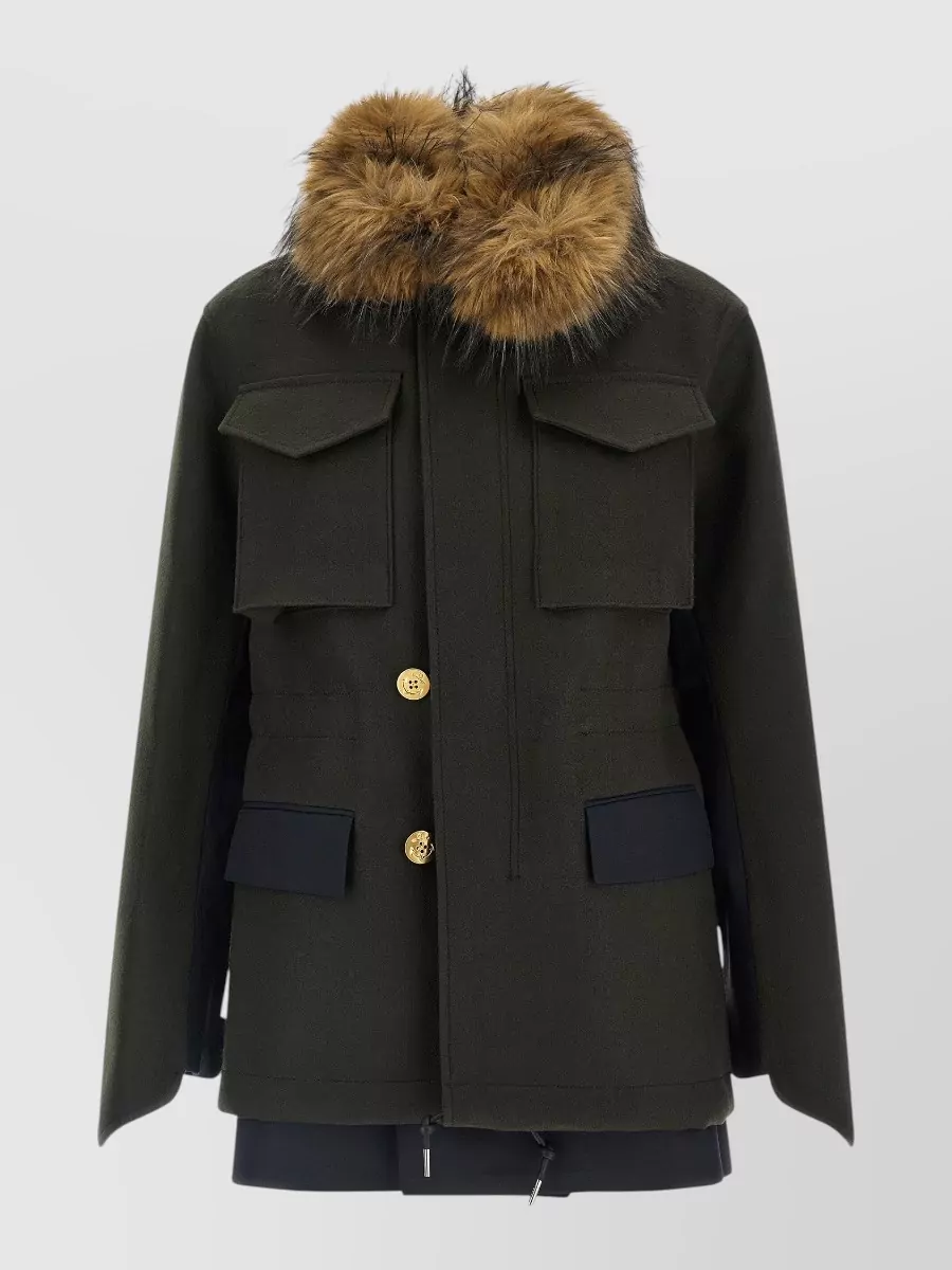 Sacai Wool faux fur collar military coat