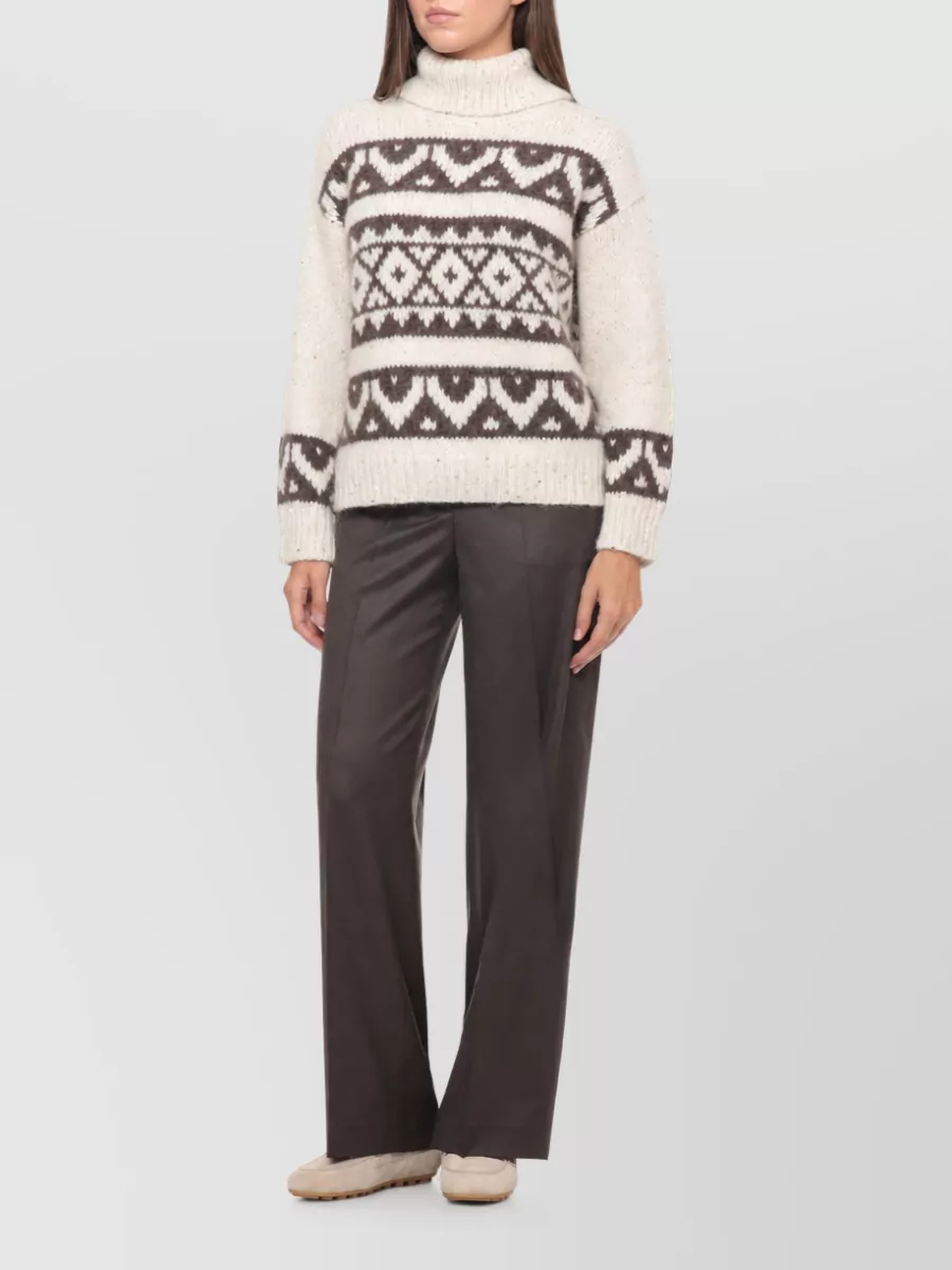 Peserico Alpaca-Blend High-Neck Long-Sleeve Geometric-Pattern Sequin-Embellished Ribbed Jumper