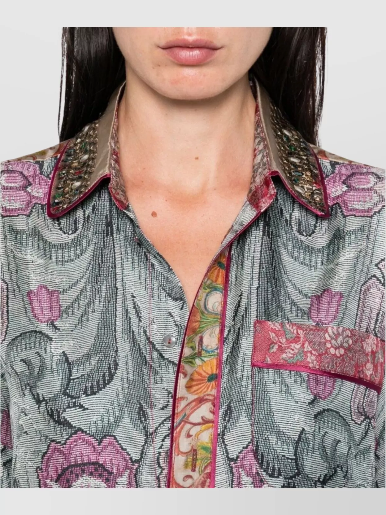 Pierre Louise Mascia Silk Shirt With Floral Pattern And Embellished Collar