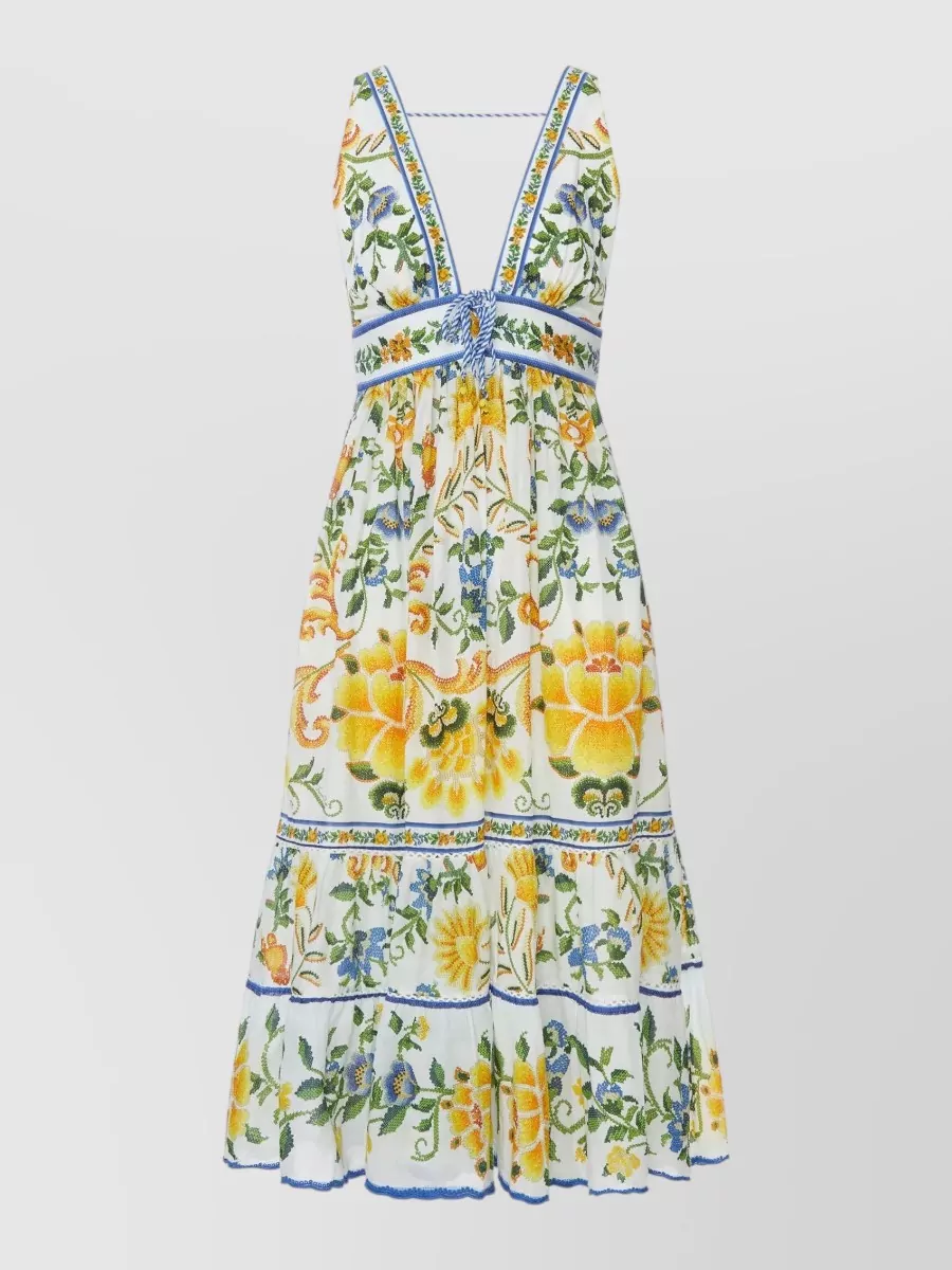 Farm Rio Cotton floral-print v-neck midi dress