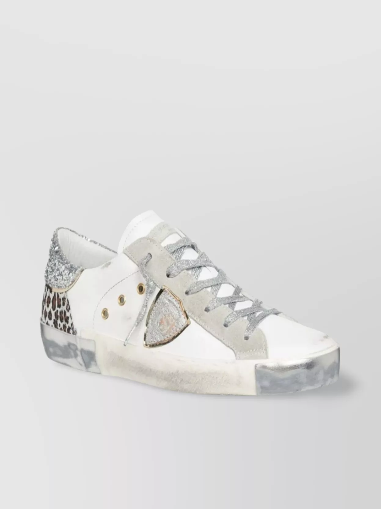 Philippe Model Glitter Heel Sneakers Leopard Print Detail In White