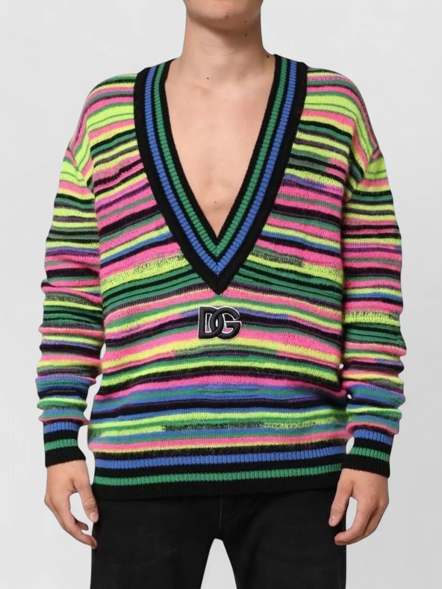 Dolce&Gabbana Striped v-neck logo-knit jumper