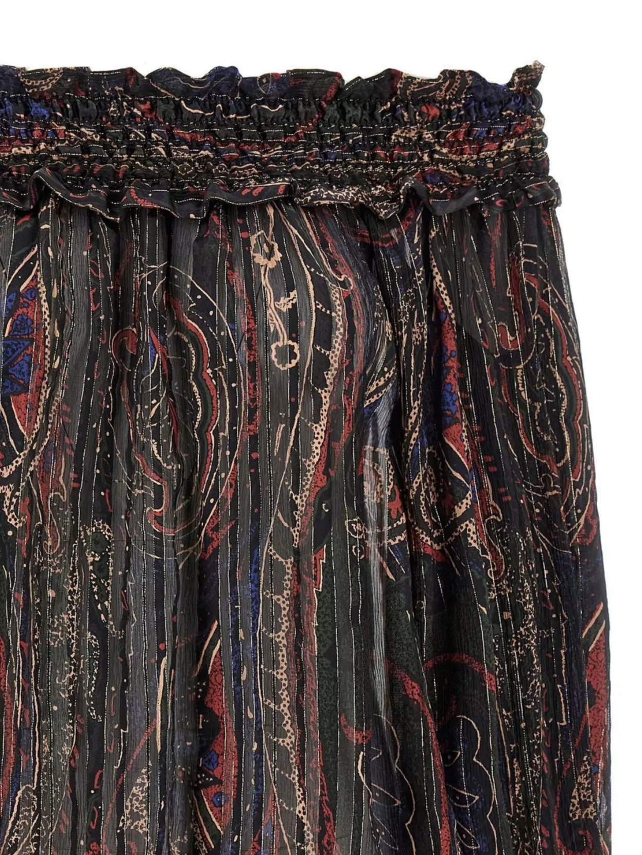 Saint Laurent Smocked Off-the-shoulder Blouse Ruffled Neckline In Brown