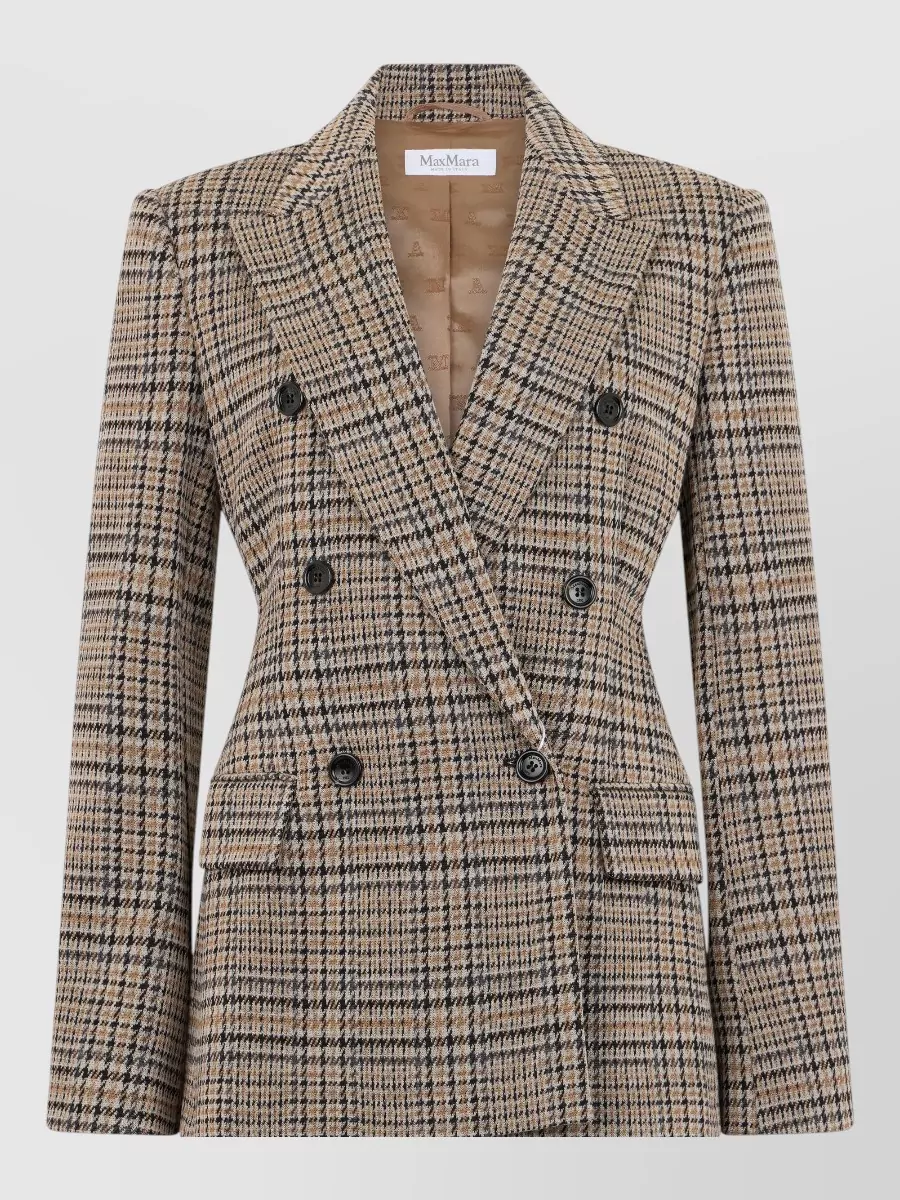 Max Mara Checked double-breasted jacket — The camel Max Mara check blazer brings a preppy, menswear touch and structured shoulder that harmonise with the trench’s tailored, utilitarian mood without competing with its rich burnt-sienna tone.
