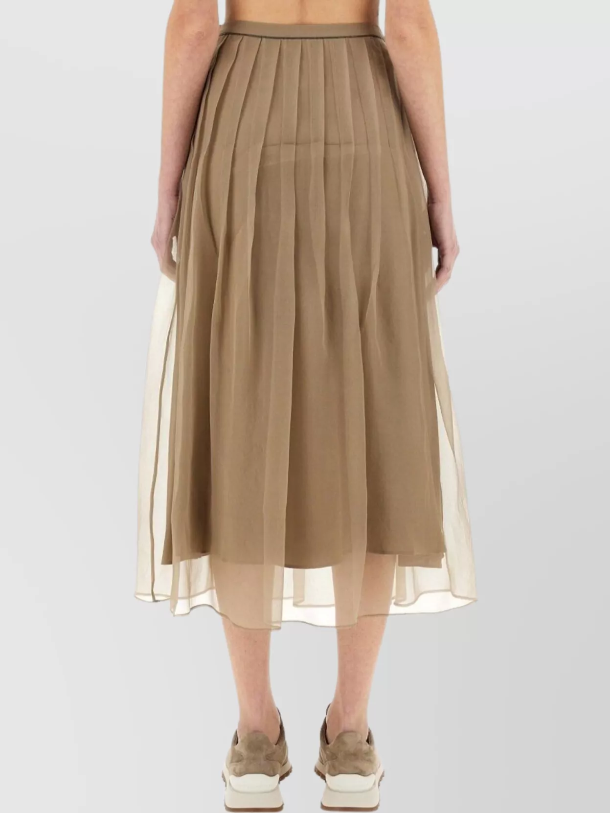 Shop Brunello Cucinelli Pleated Silk Midi Skirt With Sheer Overlay