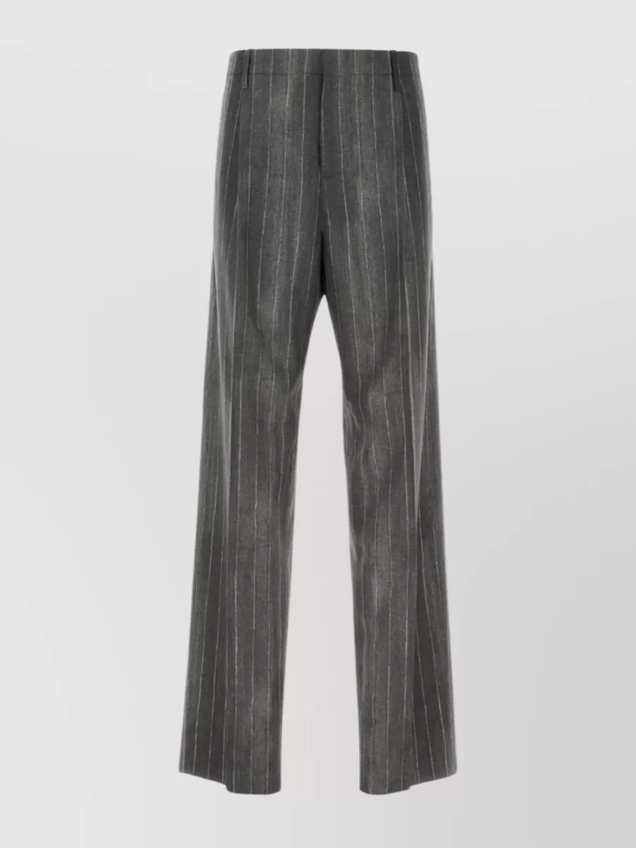 Shop Versace Striped Wide-leg Wool Trousers In Grey