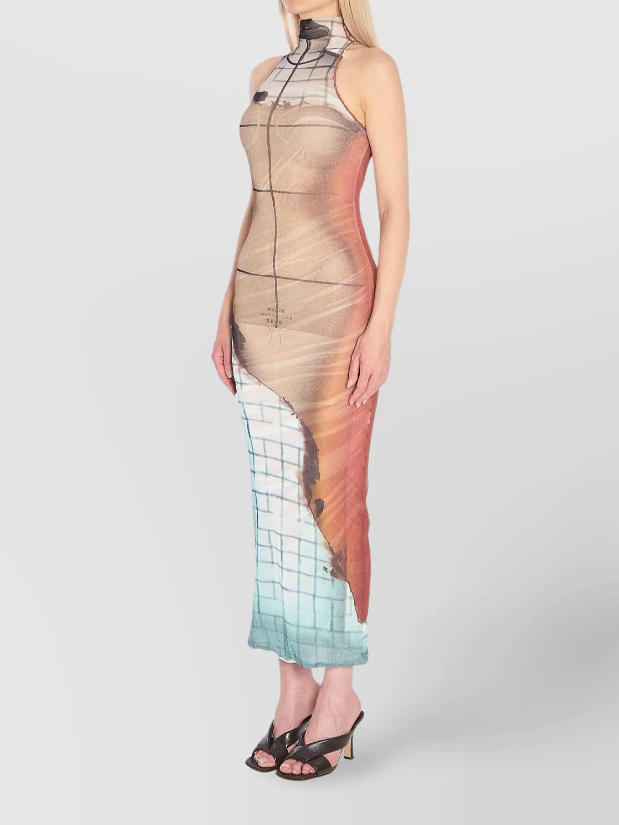 Jean Paul Gaultier Fire Printed Mesh Sleeveless Midi Dress In Multi