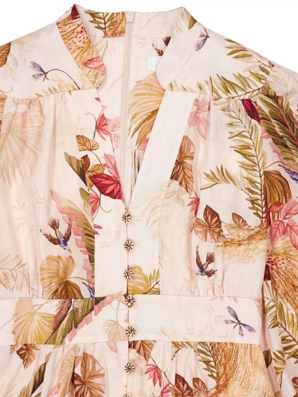 Zimmermann Linen Floral-Print V-Neck Long-Sleeve Midi Dress