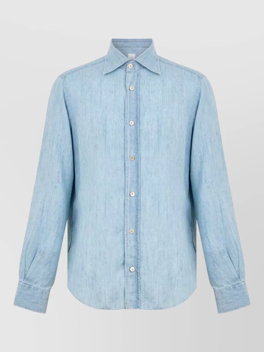 Eleventy Shirt — The Eleventy light-wash denim shirt matches the soft blue of the jeans, keeps the vibe minimalist and preppy, and its regular fit balances the straight-leg silhouette without feeling heavy in warm weather.