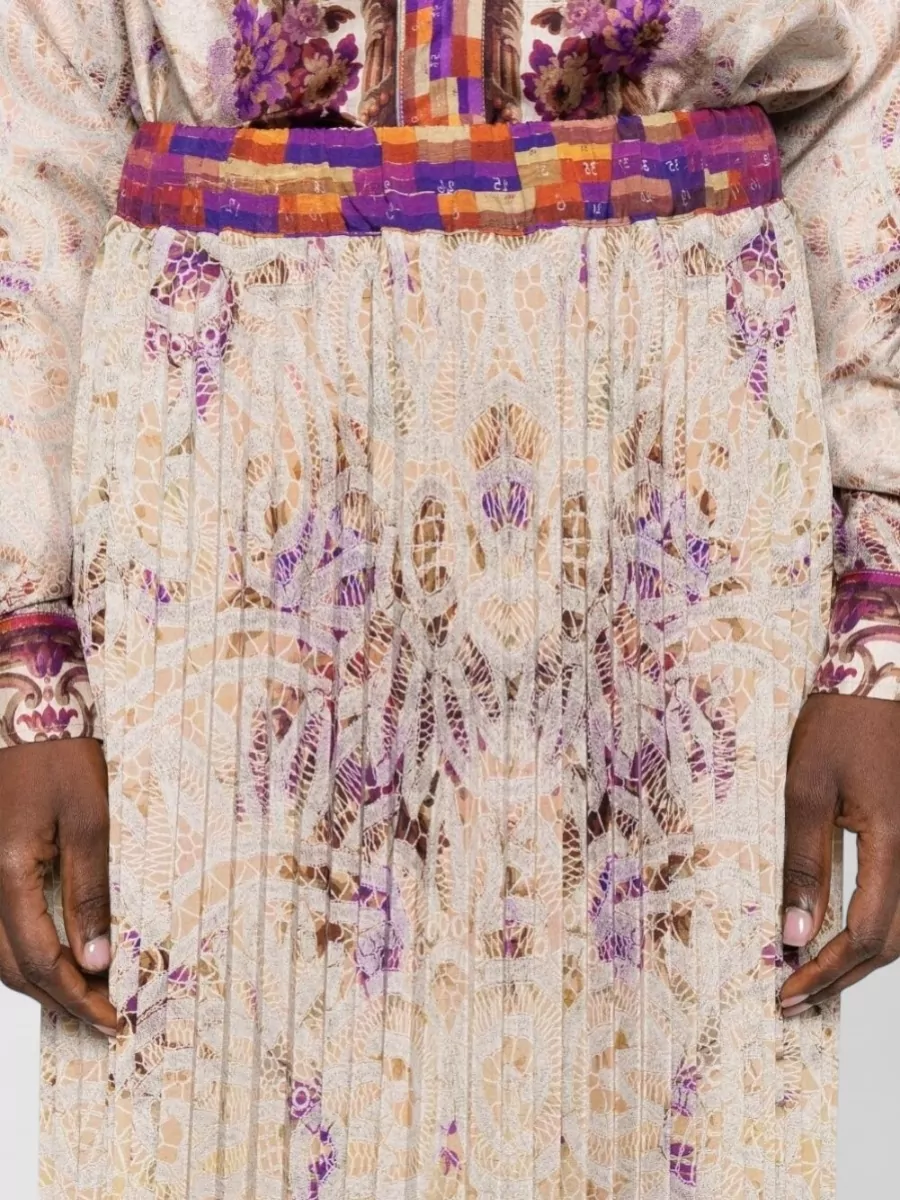 Pierre Louise Mascia Pleated Silk Maxi Skirt Floral Print