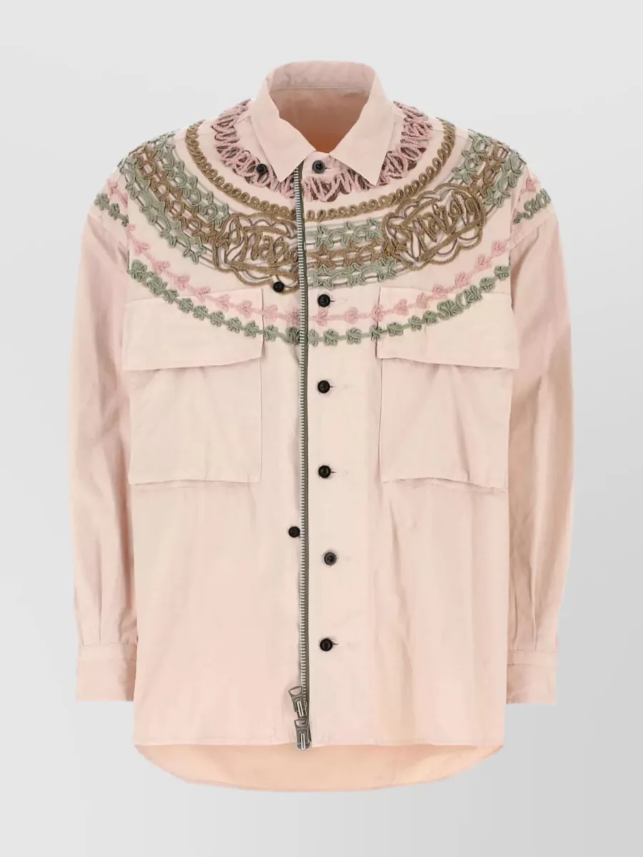 Shop Sacai Embroidered Oversize Cotton Shirt In Cream