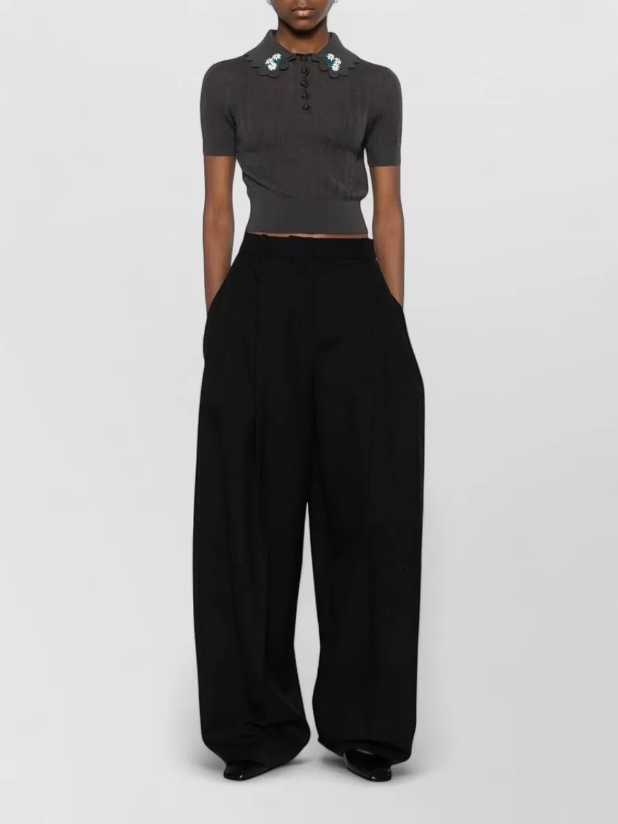 Self-Portrait Wool Floral Appliqué Scalloped-Collar Short-Sleeve Polo Top