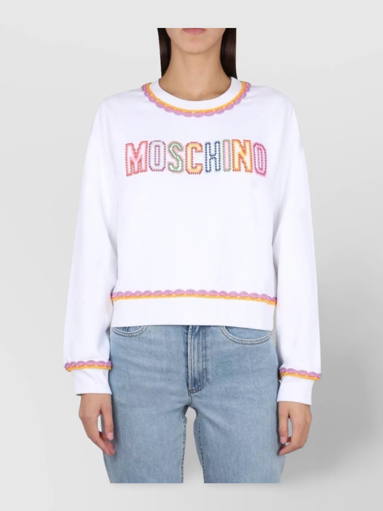 Moschino Fantasy Print White Crochet Details Cotton Sweatshirt