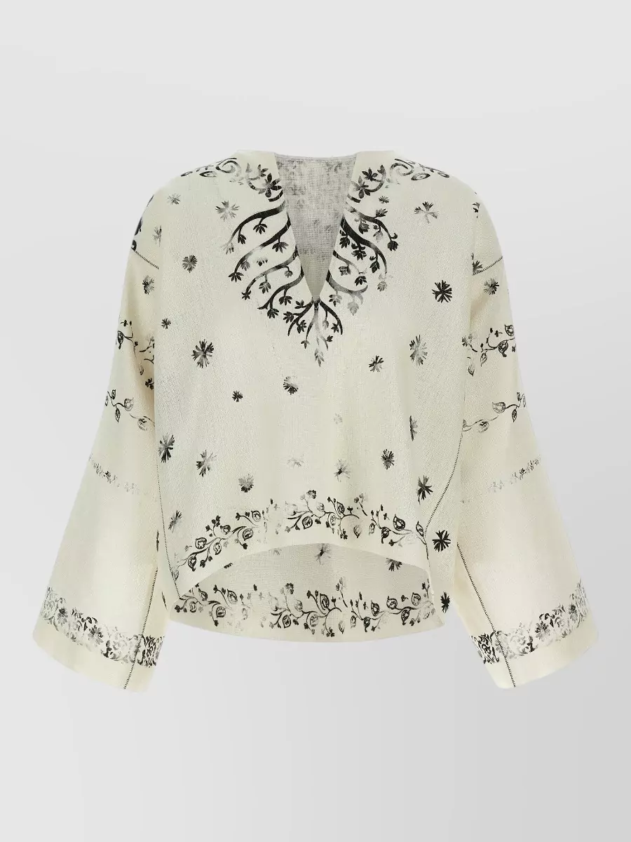 Alberta Ferretti Linen Printed V-Neck Long-Sleeve Shirt