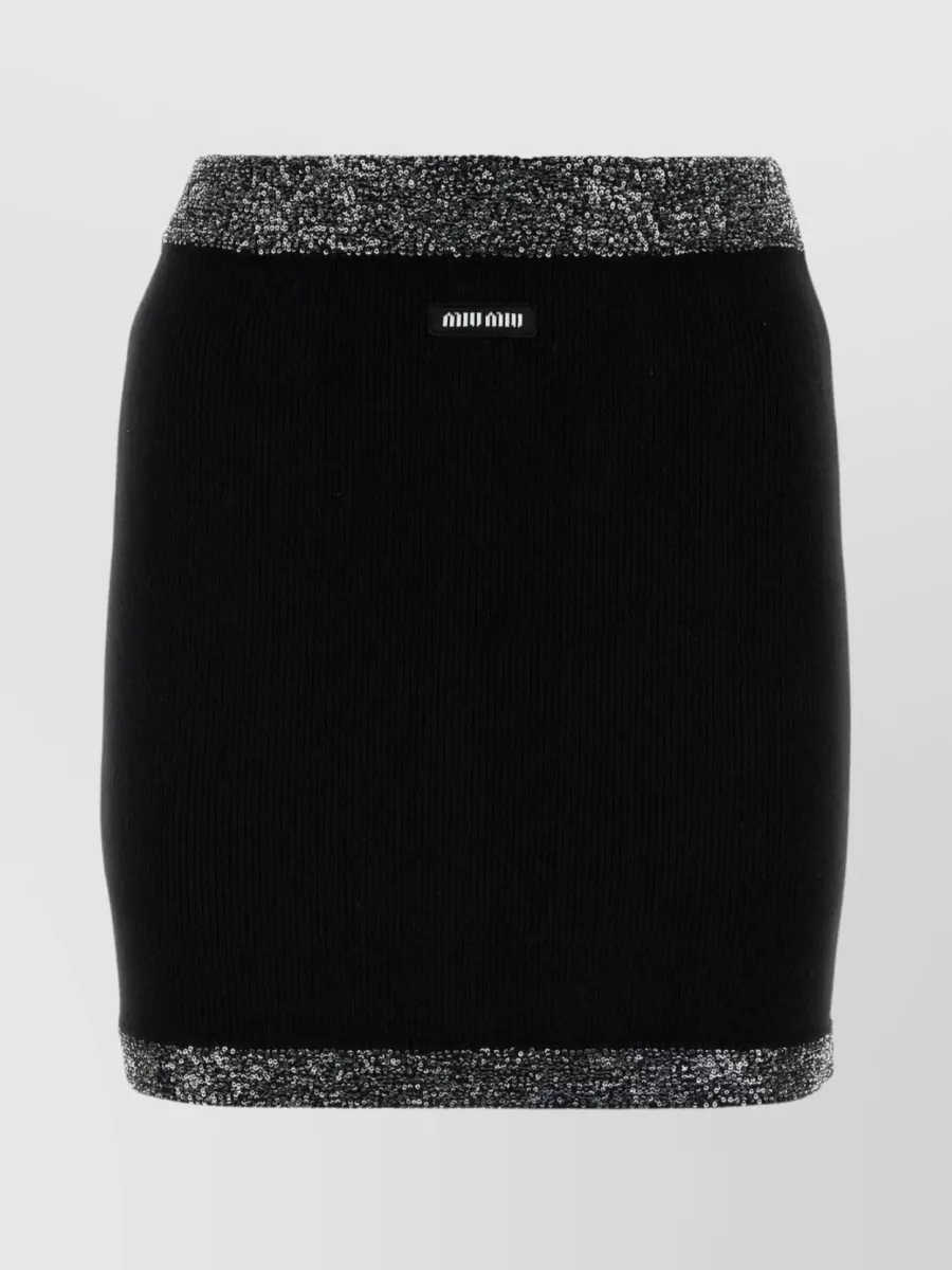 Shop Miu Miu Stretch Mini Skirt With Ribbed Sequin Embellishment In Black