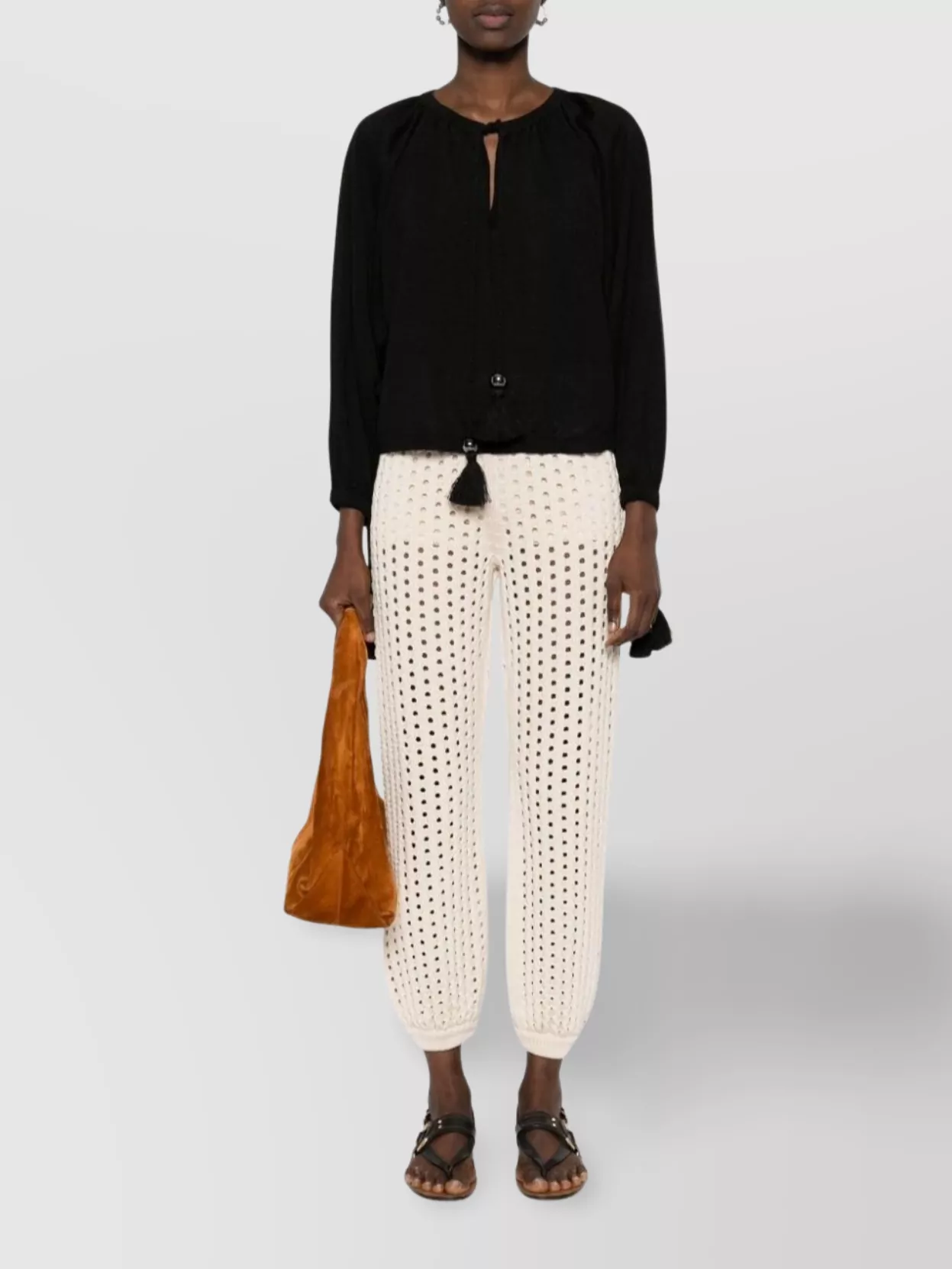 Max Mara Long Sleeve Top With Tassel And Keyhole In Black