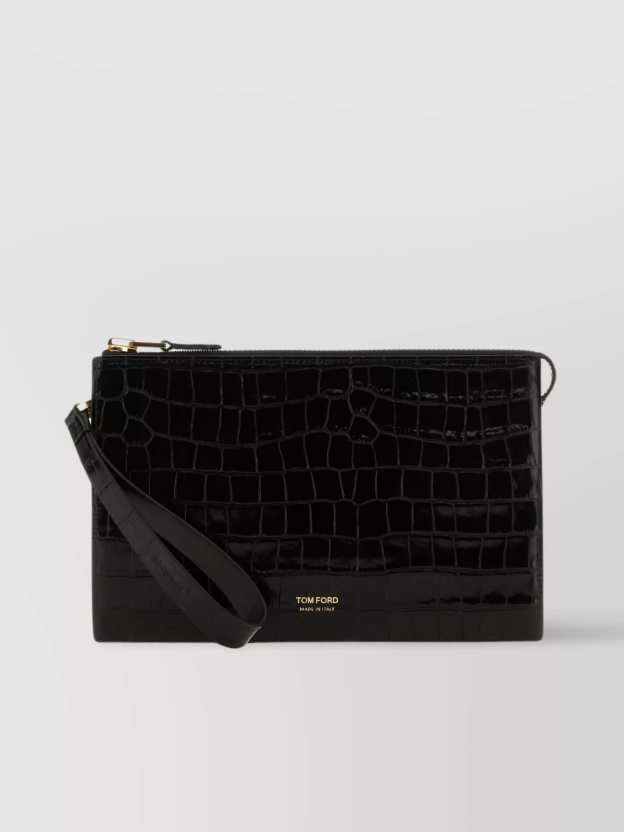 Shop Tom Ford Embossed Crocodile Texture Clutch With Wrist Strap And Gold-tone Hardware