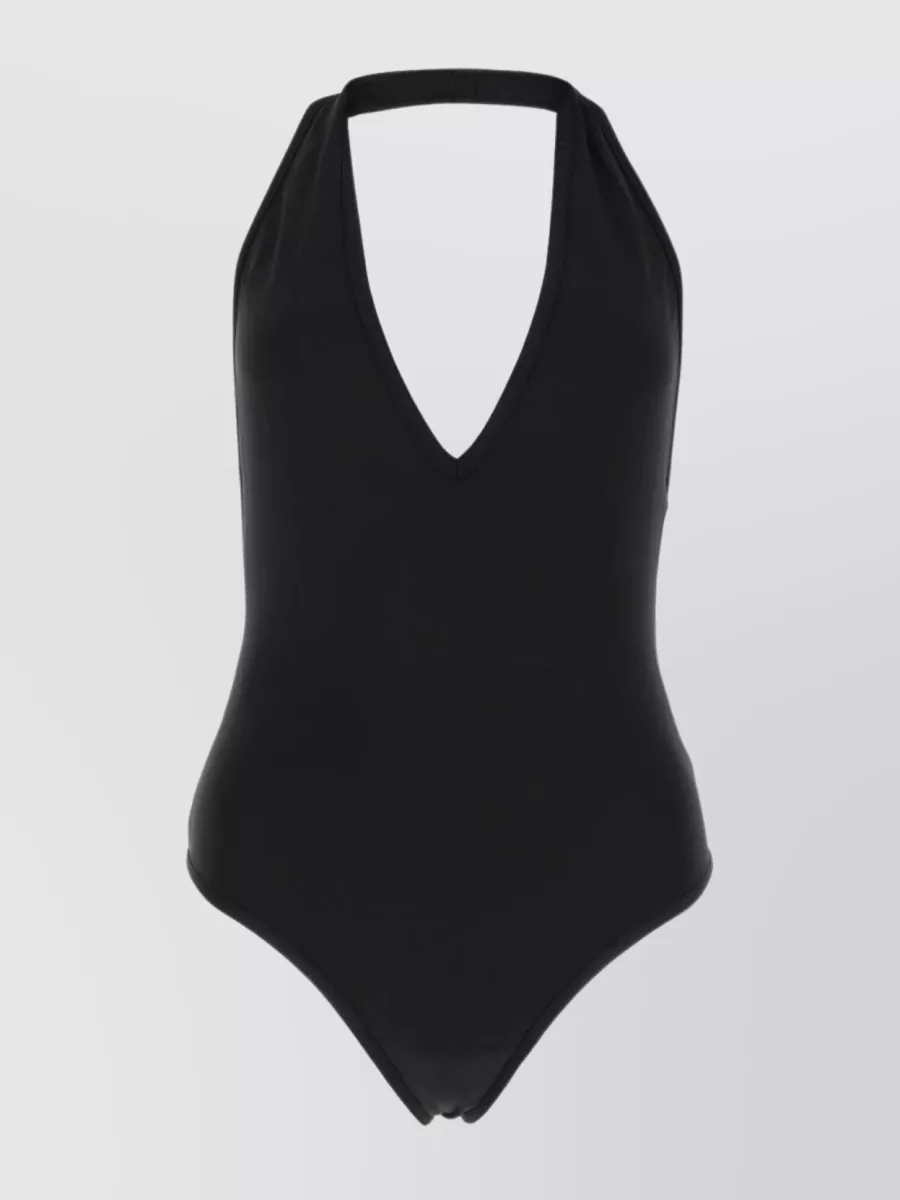 Shop Bottega Veneta Backless V-neck Swimsuit With Halterneck Strap In Black