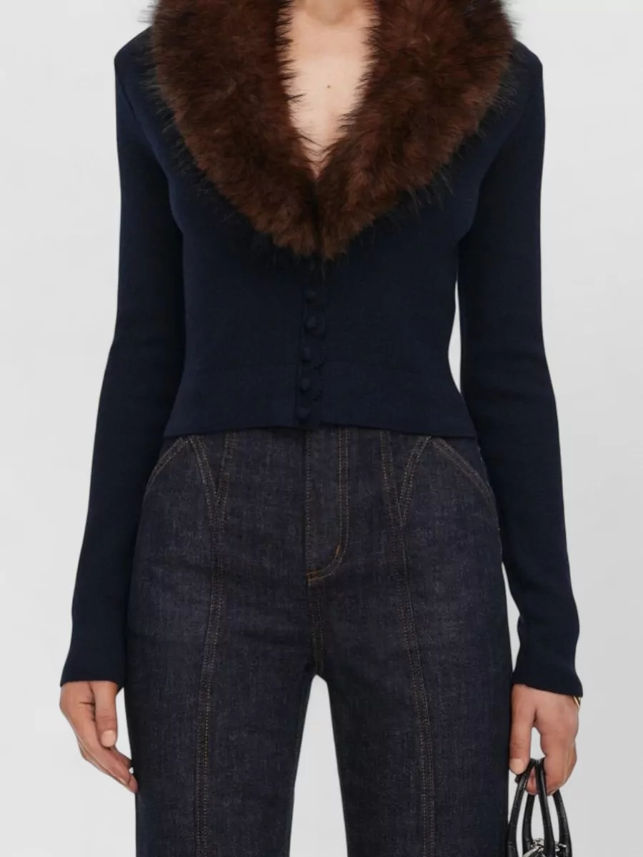 Self-Portrait Cashmere-Blend Faux Fur Trim Cropped Cardigan