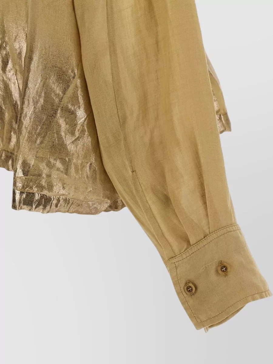 Nude Linen Blend Cropped Long-Sleeve Shirt