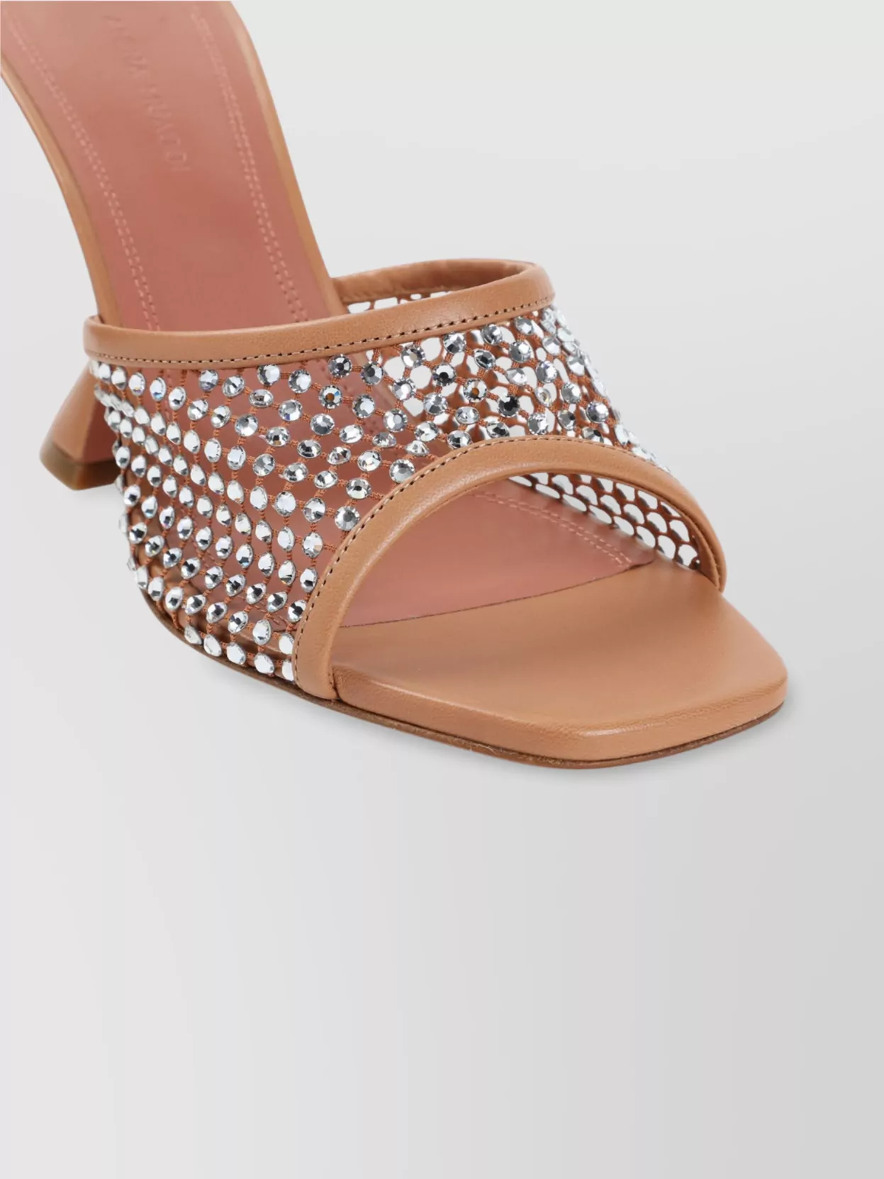 Amina Muaddi Tan Lupita Crystal Net Slipper Heeled Sandals
