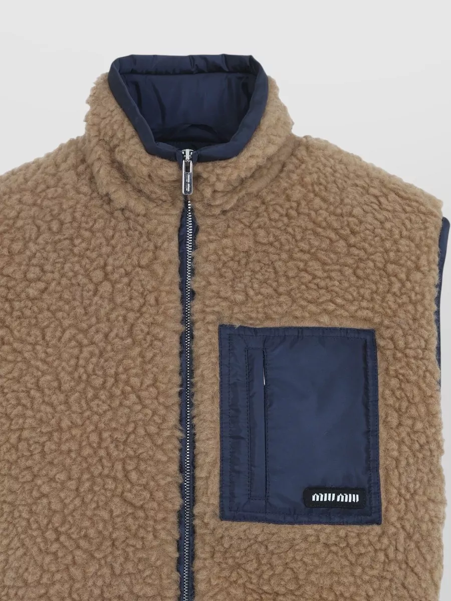 Miu Miu Shearling Texture High Neck Front Pocket Jacket