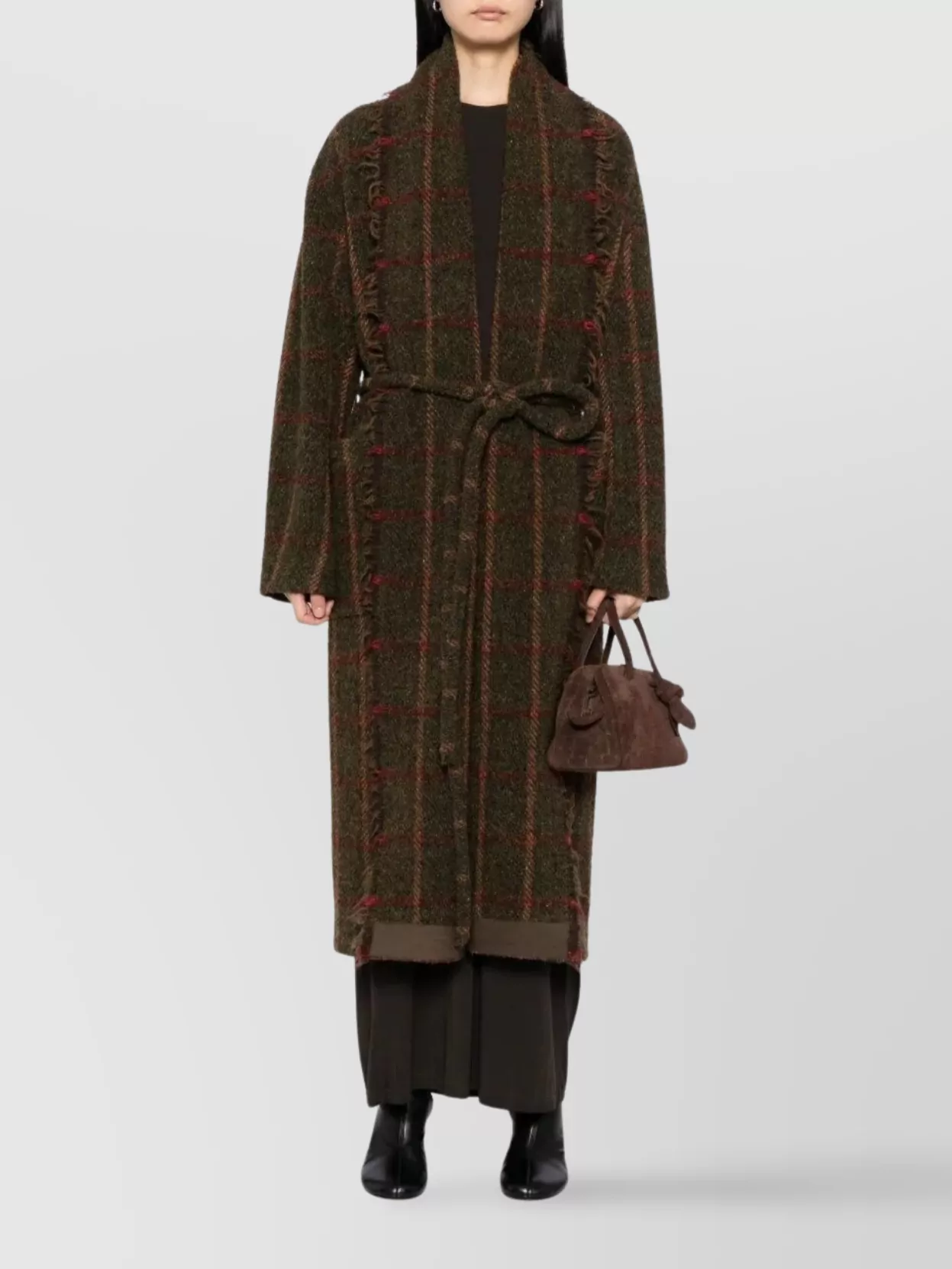 Uma Wang Waist Belted Checked Pattern Long Sleeves Coat In Brown