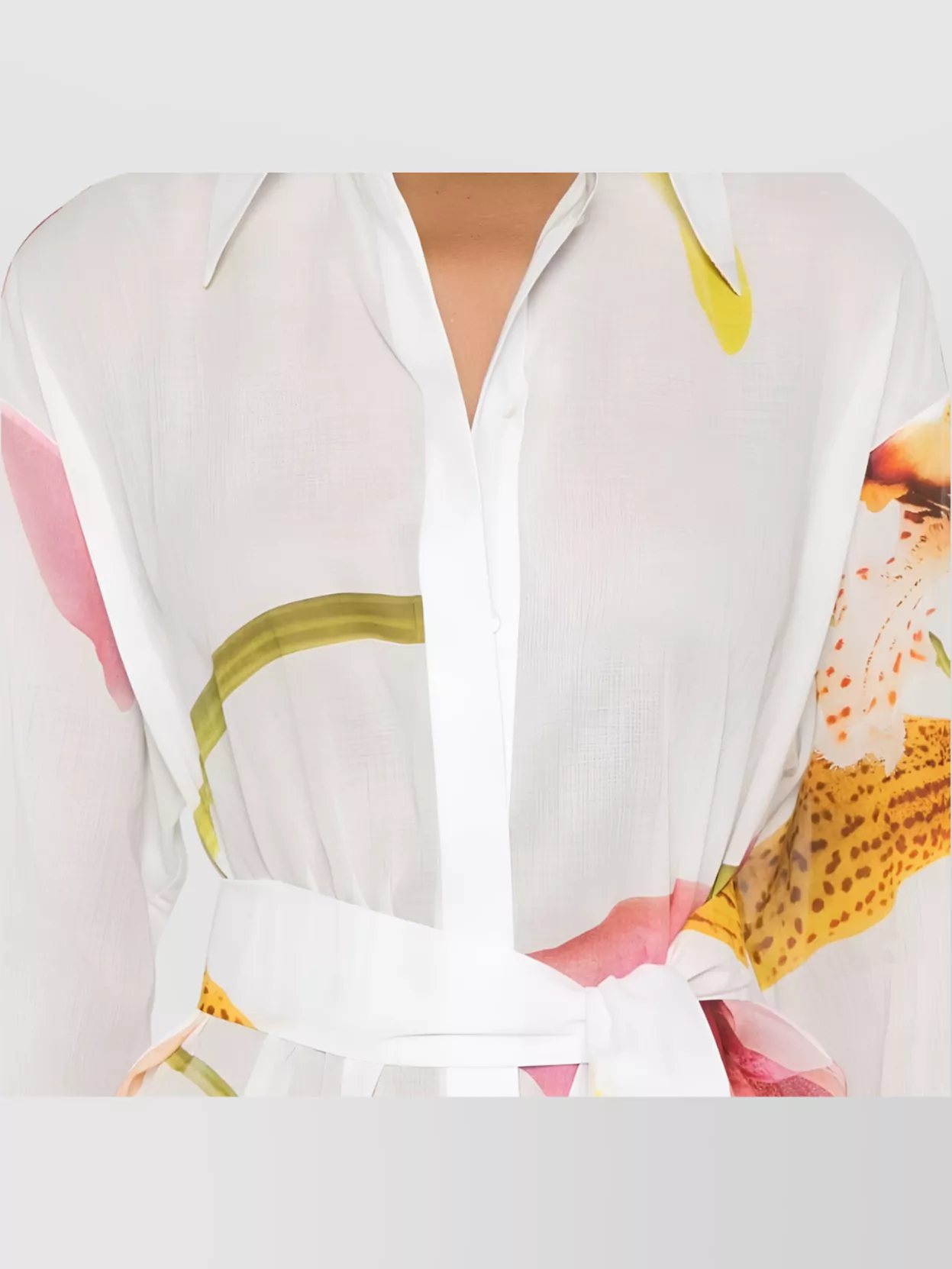 Genny Floral Print Sheer Cotton Shirt With Belted Waist