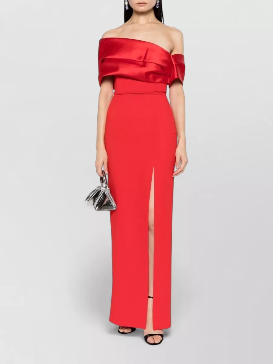 Solace London Off-Shoulder Long-Sleeve Front-Slit Gown
