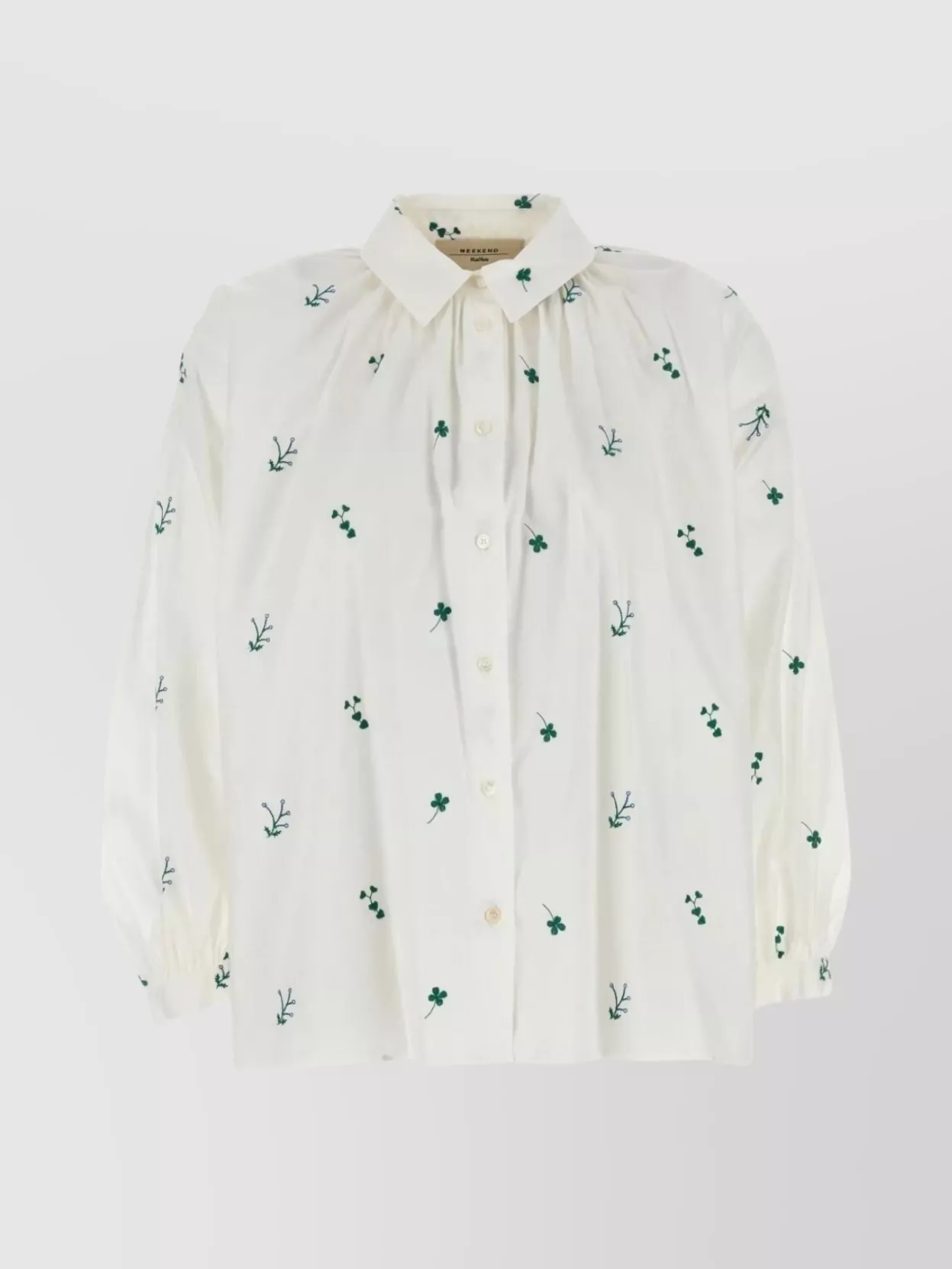 Weekend Max Mara Embroidered Floral Collared Neck Gathered Sleeves Top In Neutral