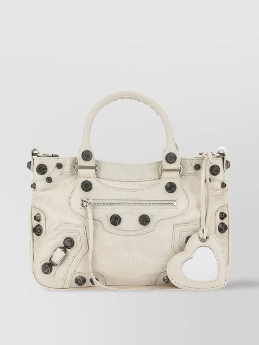 Shop Balenciaga Nappa Leather Tote With Metal Studs And Zip Pocket In Cream