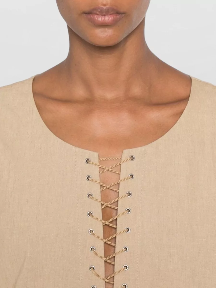 Tory Burch Linen Lace-Up Long-Sleeve Maxi Dress