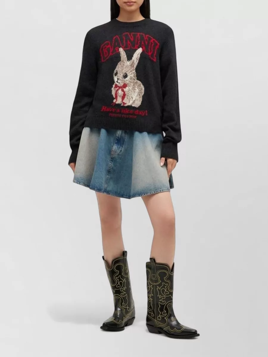 Ganni Graphic Print Long Sleeve Knit Sweater